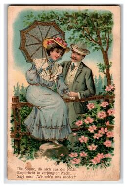 Romantic Couple Postcard Embossed Glitter German Quote 1900s Victorian